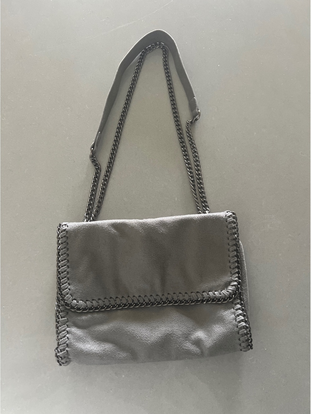 Gray Suede Chain Strap Shoulder Bag with Whipstitch Detail